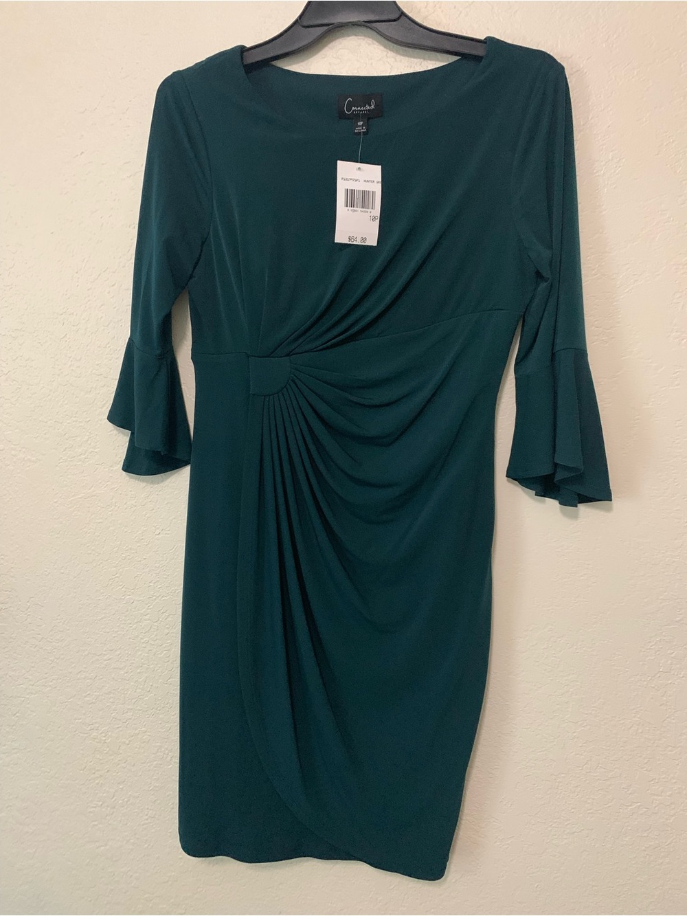 connected apparel Teal Ruched Sheath Dress with Fluted Sleeves